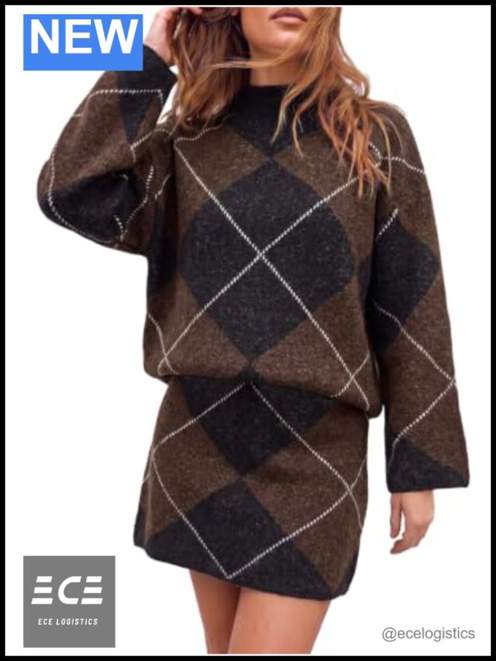 Faux Cashmere Argyle Sweater Skirt Set Turtleneck Mini 2 Piece Outfit